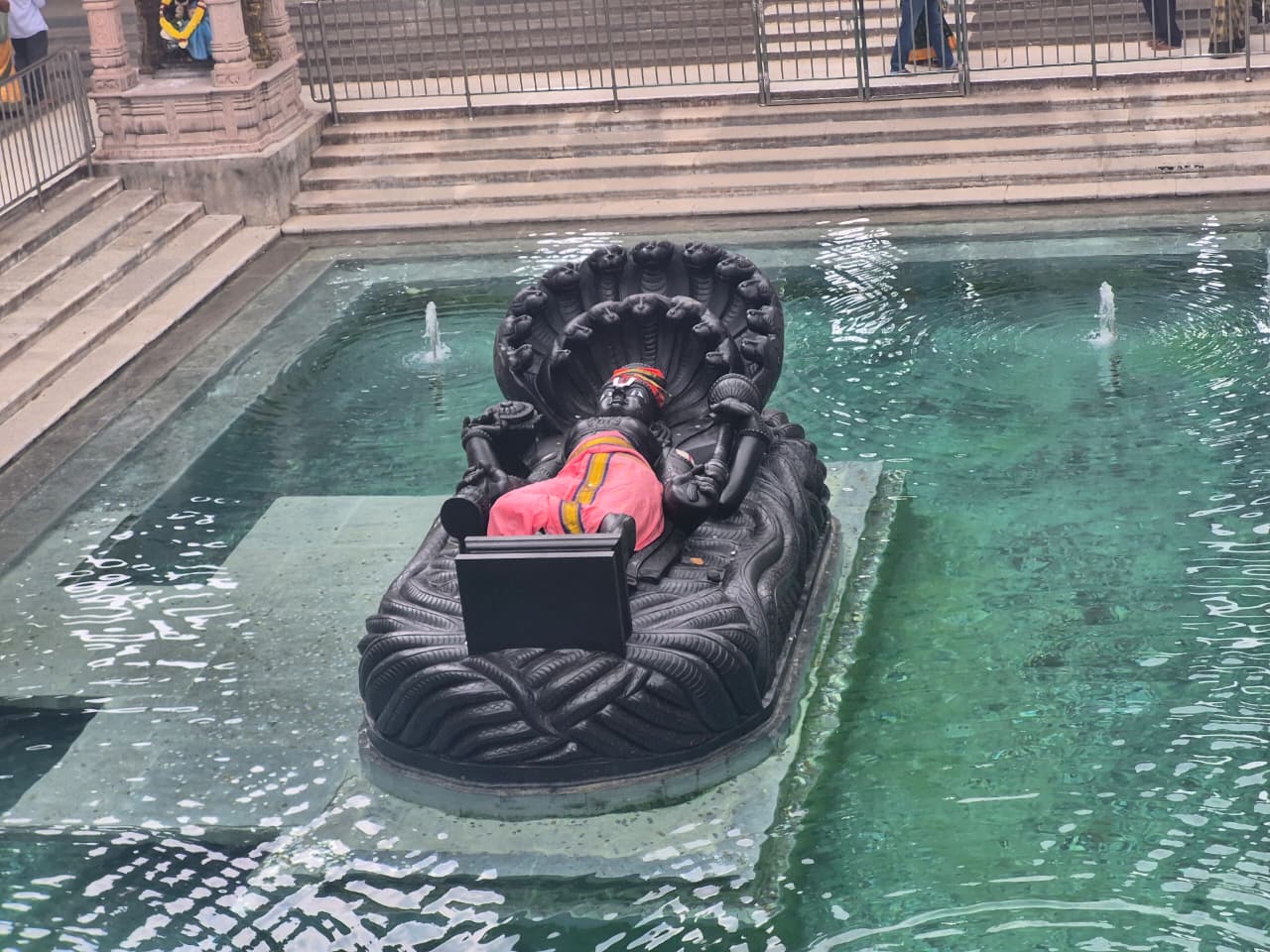 Dark reclining figure draped in pink cloth, supported by serpent coils in a pool.